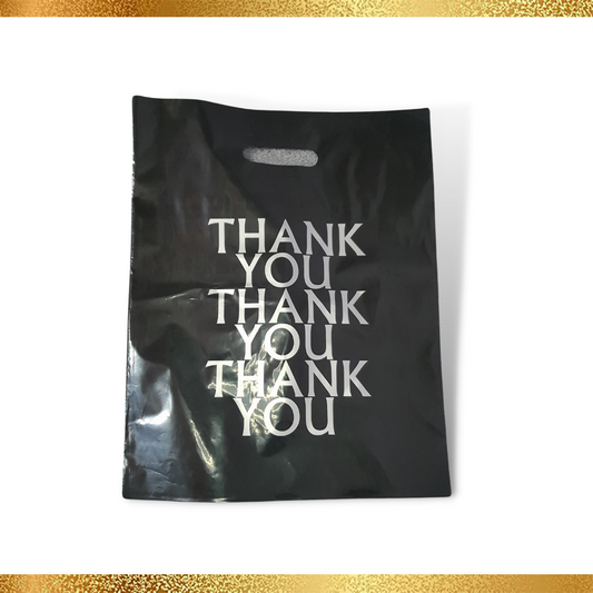 (10 PACK) 12 X 15 Black/Silver Thank You Bags, Plastic Merchandise Bags (Die Cut Handle)
