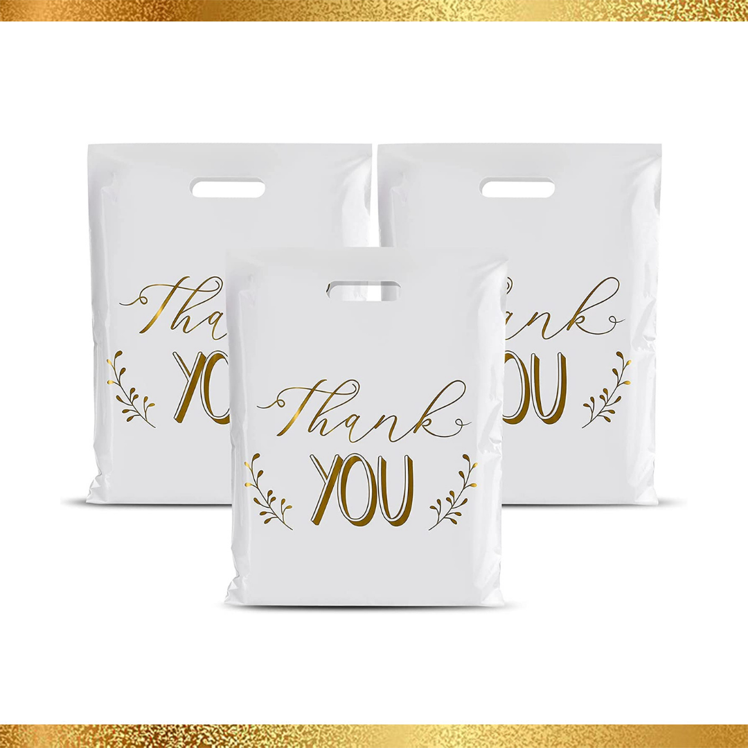(10 PACK) 12 X 15 WHITE/ GOLD Thank You Bags, Plastic Merchandise Bags 1.75mil