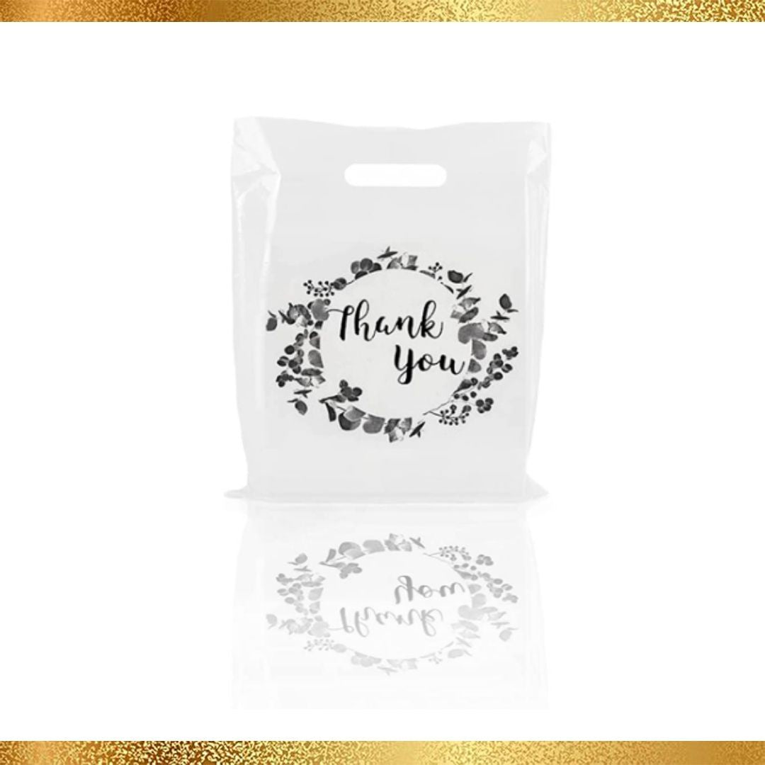 (10 PACK) 12 X 15 WHITE/ BLACK Floral Thank You Bags, Plastic Merchandise Bags 2.36 mil