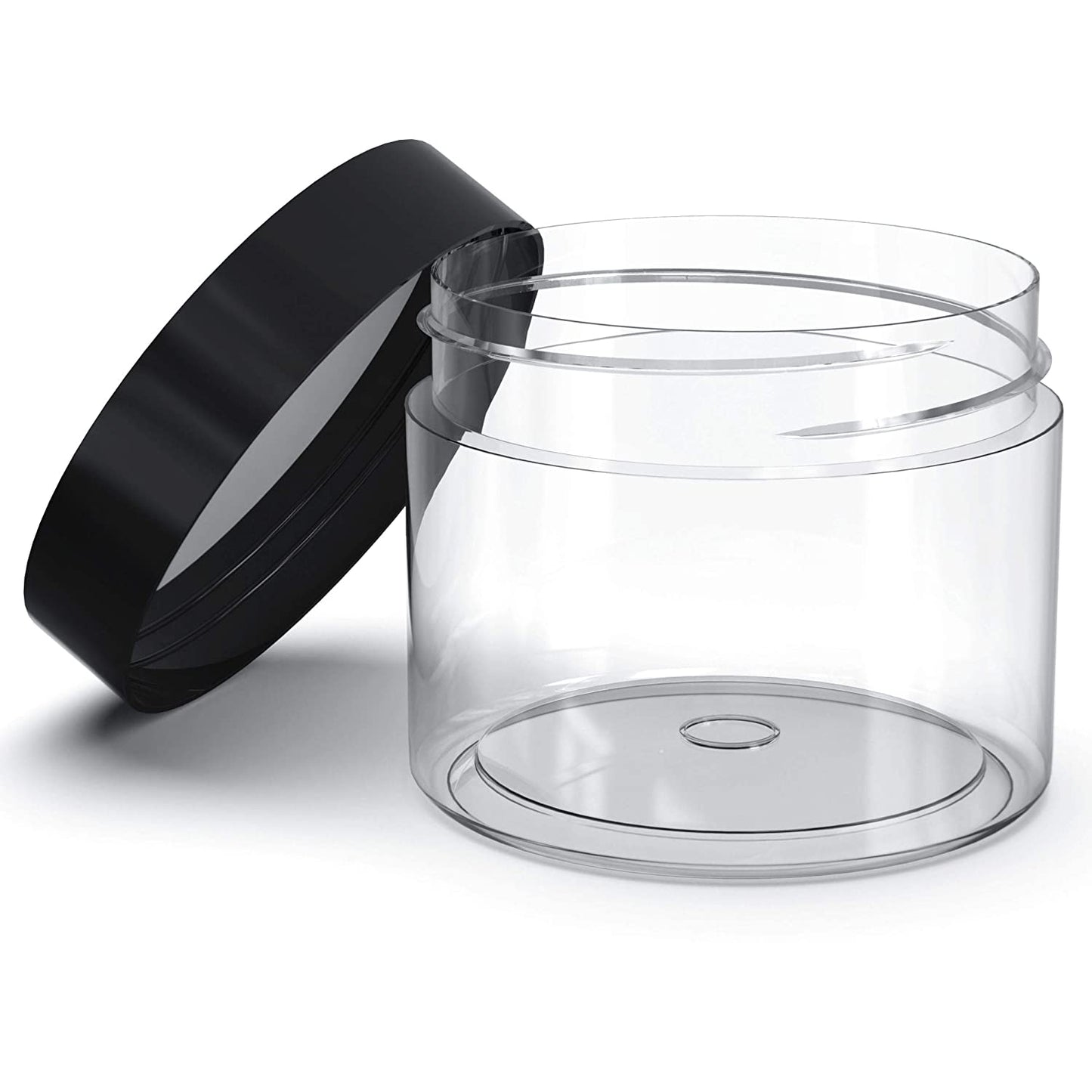 (10 PACK) 2 OZ Clear Plastic Jars with Black Lids and foam liner