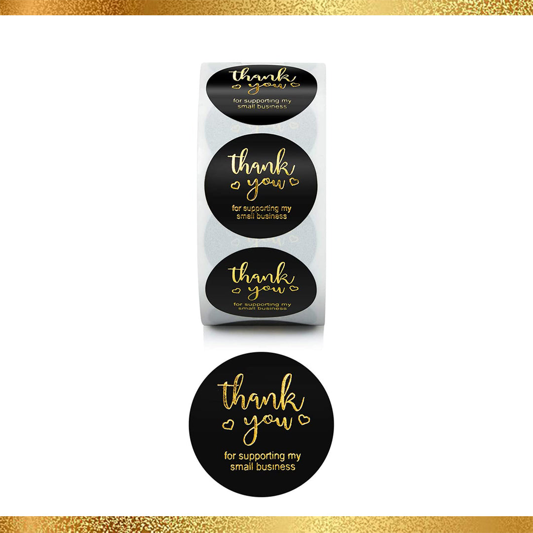 (50 PACK) 1" Thank You Stickers BLACK/Gold