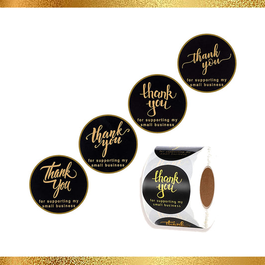 (50 PACK) 2" Thank You Stickers BLACK/GOLD ASSORTED MIX